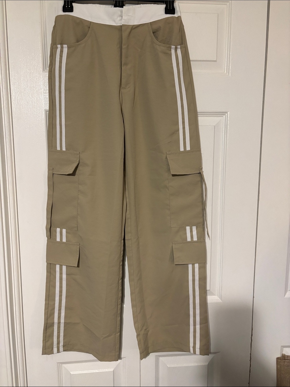 SHEIN Khaki Wide Leg Cargo Ladies Pants with White Stripe Detail